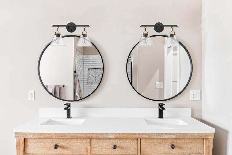 2 light modern vanity light fixture over mirror black and gold