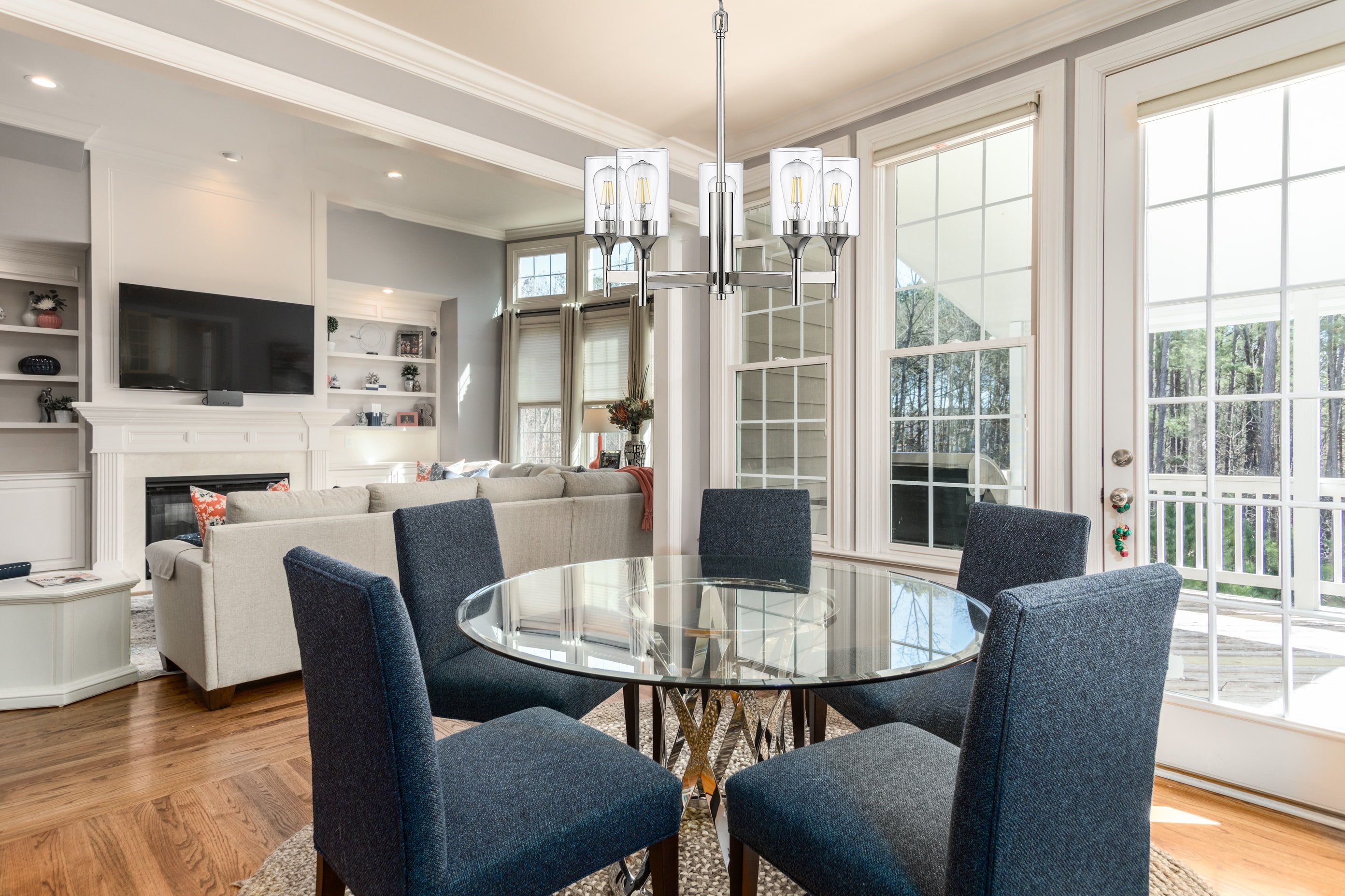 Polished Nickel Chandelier with Cylinder Clear Glass Shades dining room