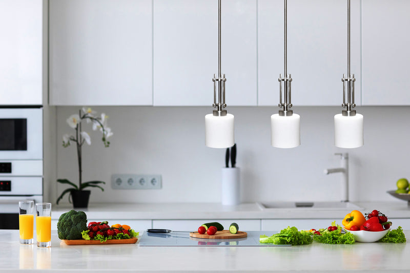 1-Light Brushed Nickel Pendant with White Glass island kitchen