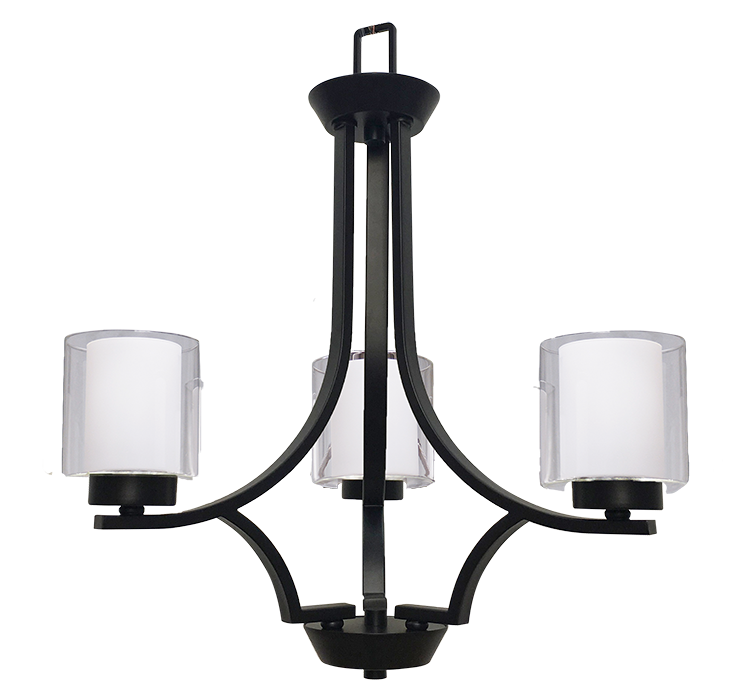 3-Light Chandelier - Matte Black- Clear and White Glass