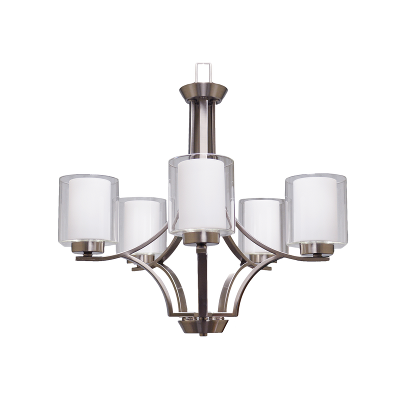 5-Light Chandelier - Brushed Nickel - Clear & White Glass