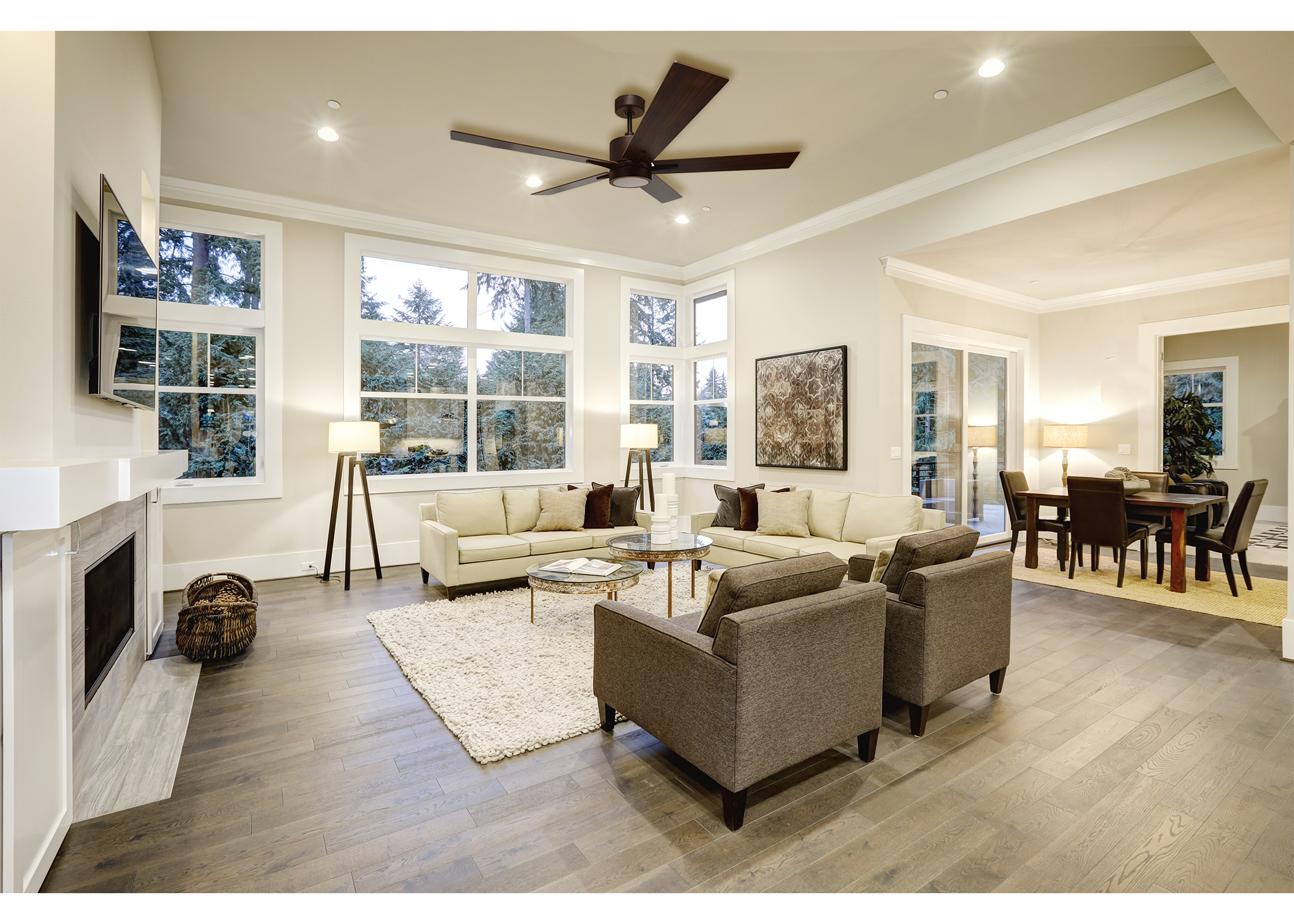 Rubbed Bronze Cylinder Ceiling Fan with Oak/Walnut Blades and Wall Control living room