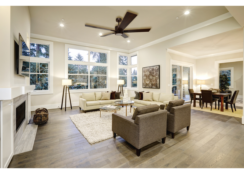 Rubbed Bronze Cylinder Ceiling Fan with Oak/Walnut Blades and Wall Control living room