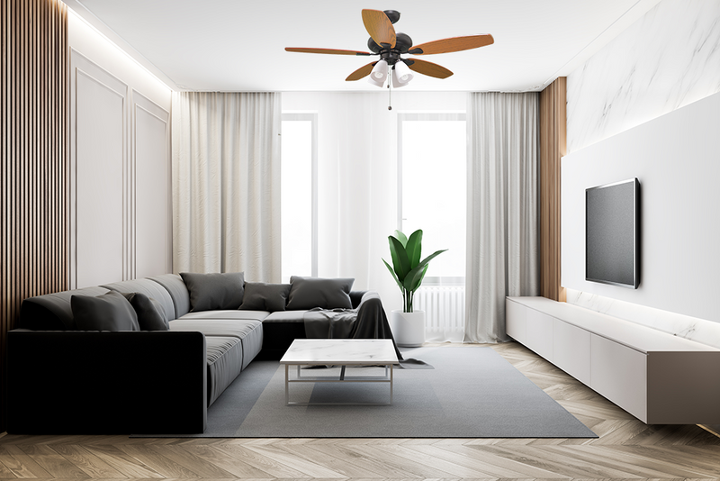 52" 5-Blade Rubbed Bronze Ceiling Fan With White 4-Light 3000K Kit living room