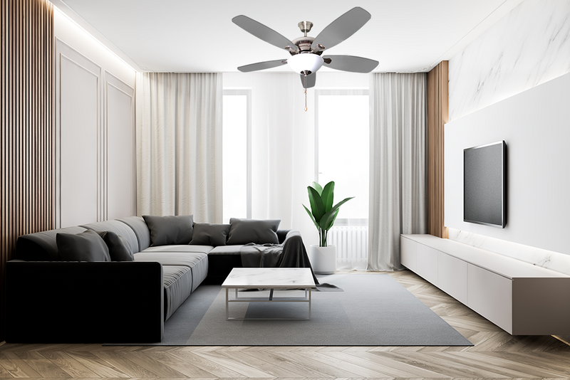5-Blade 52" Traditional Nickel Ceiling Fan with Lights and White Bowl Shades living room