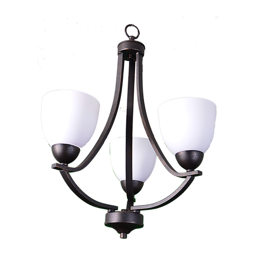 3 light rubbed bronze and white glass chandelier