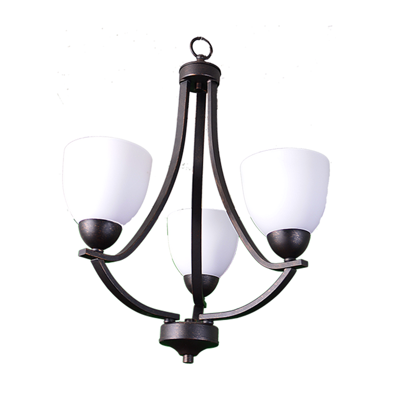 3 light rubbed bronze and white glass chandelier
