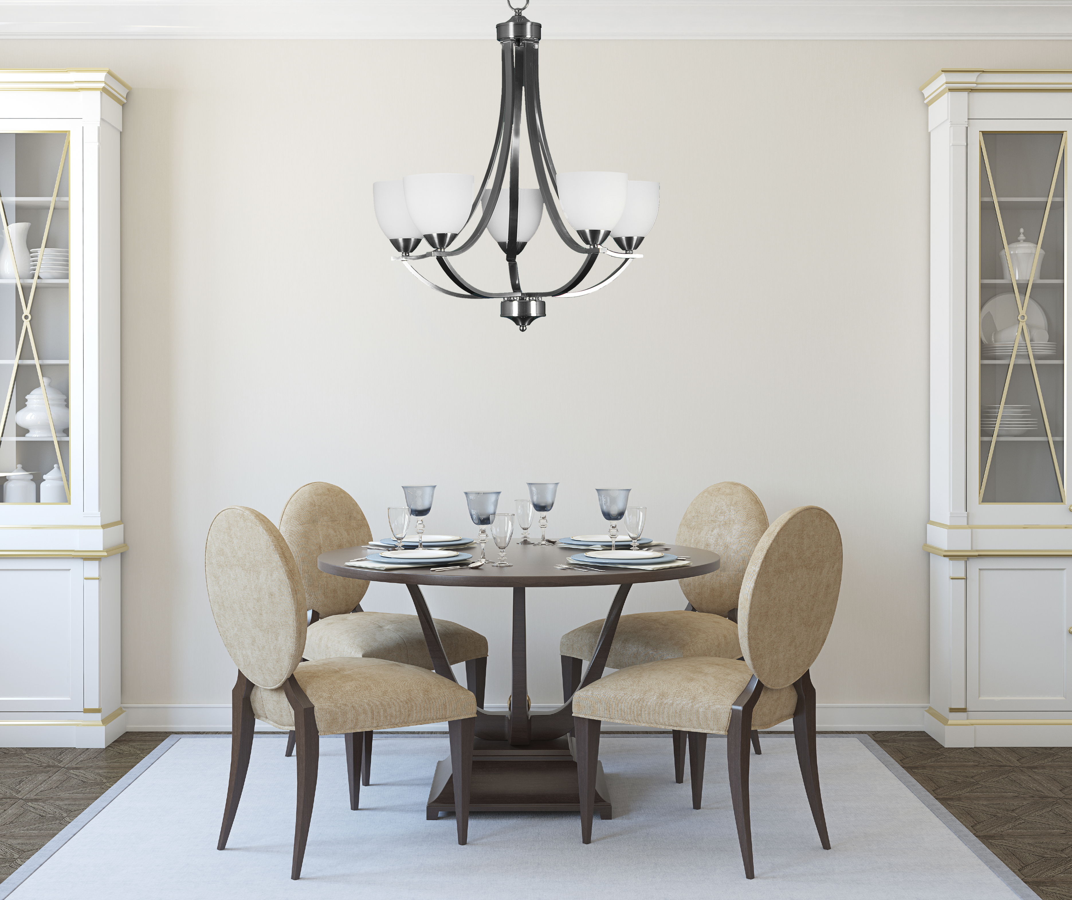 5 light nickel and white glass chandelier dining room