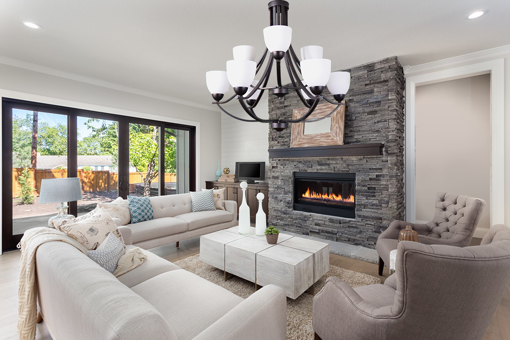 9-Light Chandelier Finish Rubbed Bronze with White Glass living room