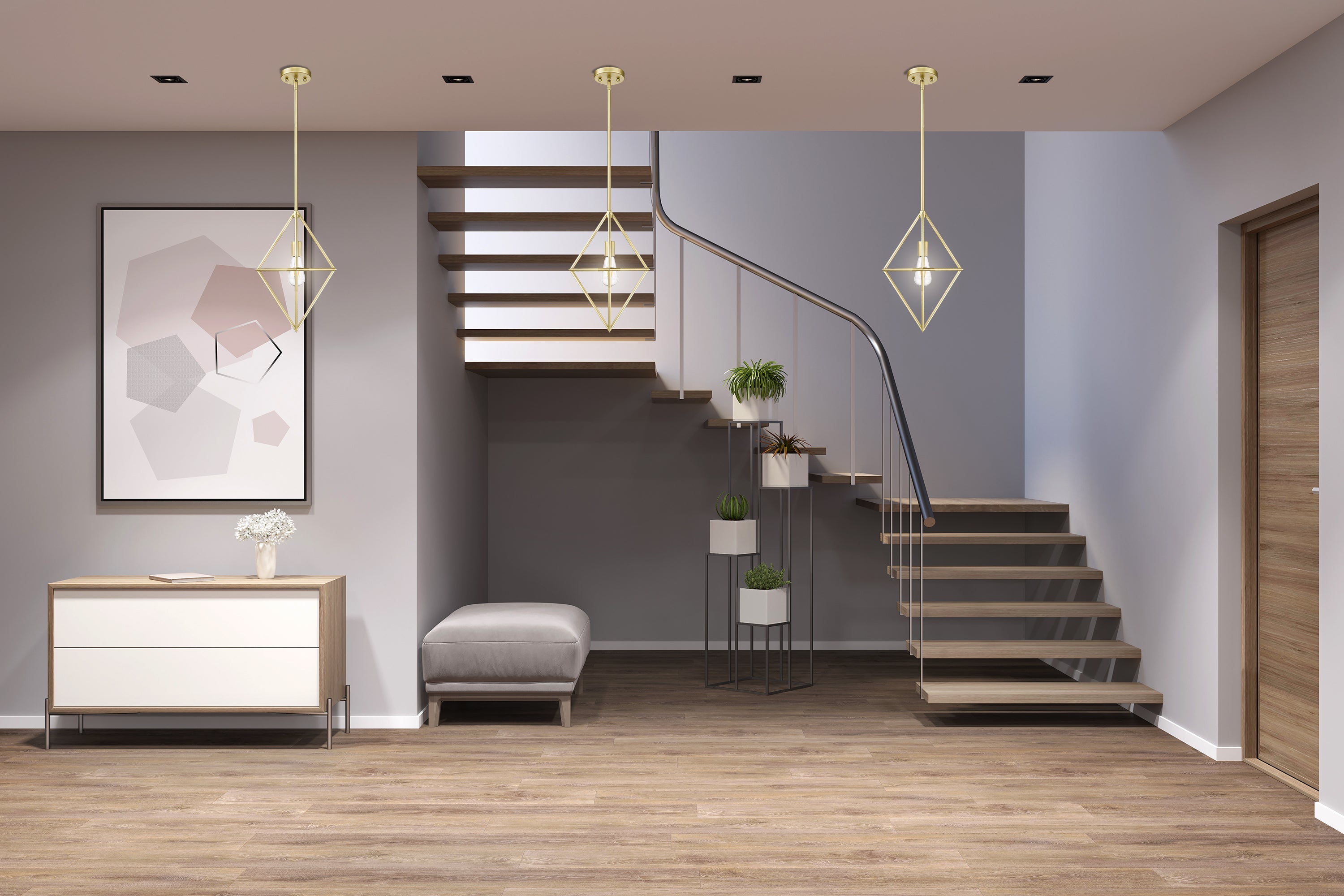 Modern gold geometric pendant light staircase