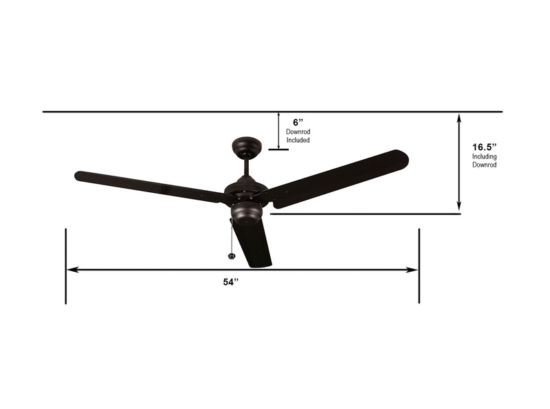 54" 3-Blade Classic Ceiling Fan without Lights metal black dimension