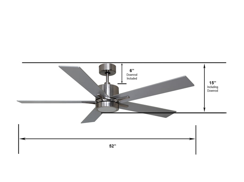 5 blade 52" Nickel Celing Fan With Lights and Wall Control dimension