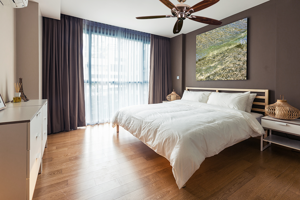 52" 5-Blade Farmhouse Nickel Ceiling Fan with Charred Pecan/Walnut Blades bedroom