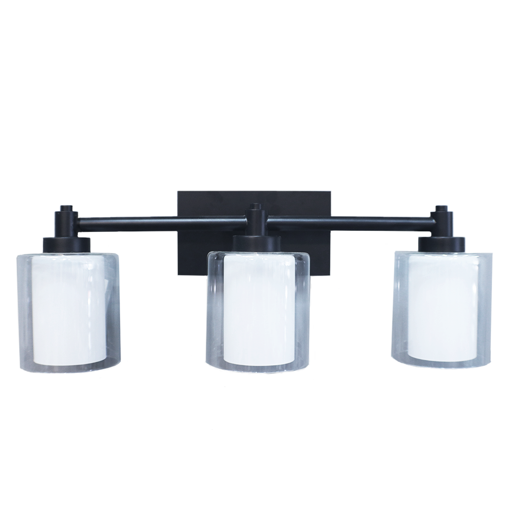 3-Light Matte Black Vanity Light with Clear & White Glass