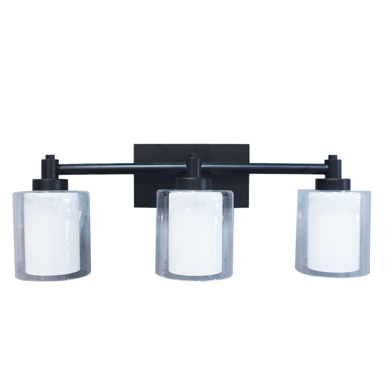 3-Light Matte Black Vanity Light with Clear & White Glass